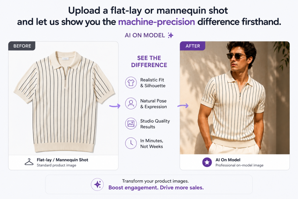 Compare flat-lay vs on-model shirt presentation